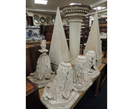 FOUR ACANTHUS MOULDED PLASTER WALL BRACKETS, two painted obelisk finials, 90cms (h), and a decorative painted column, 95cms (