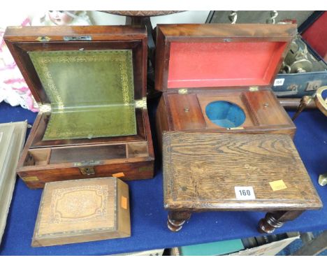 ANTIQUE SARCOPHAGUS SHAPED MAHOGANY TEA CADDY, with twin compartments, along with a primitive wooden oak joined stool, treen 