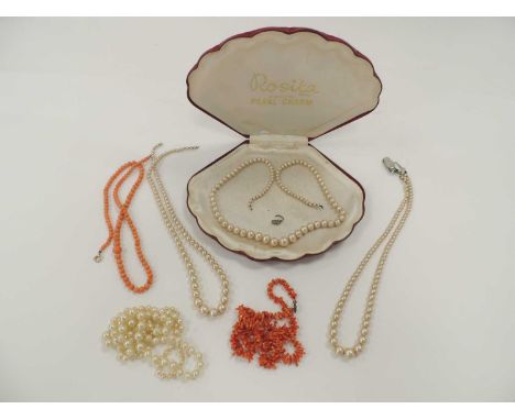 CORAL BEAD CHOKER NECKLACE, 41.5cms (l), further coral necklace, and simulated pearl necklaces (4)Provenance: private collect