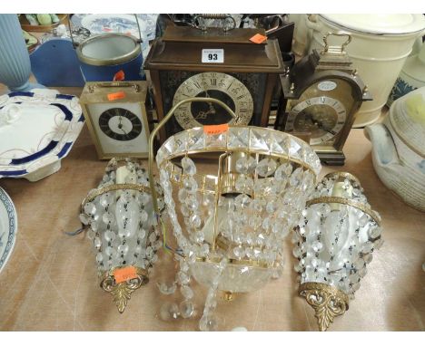 FOUR VARIOUS TABLE CLOCKS &amp; DROP LUSTRE LIGHTING