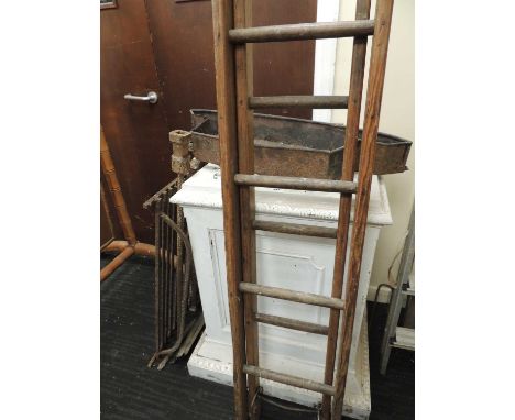 VICTORIAN PINE EXTENDABLE LADDERS, 214cms (h), white painted plinth, 85cms (h), top 55 x 41cms, grey marble slab, 93cms, fire
