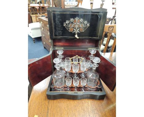 LATE 19TH C. FRENCH EBONISED & BOULLE DECANTER BOX, interior with etched glass, decanters, and matching pedestal glasses, 24 