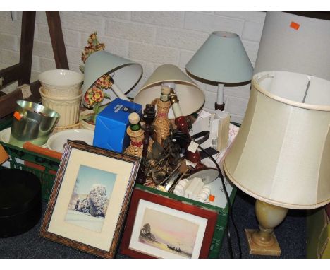 ASSORTED HOUSEHOLD ITEMS, including lighting and planters (2 boxes)