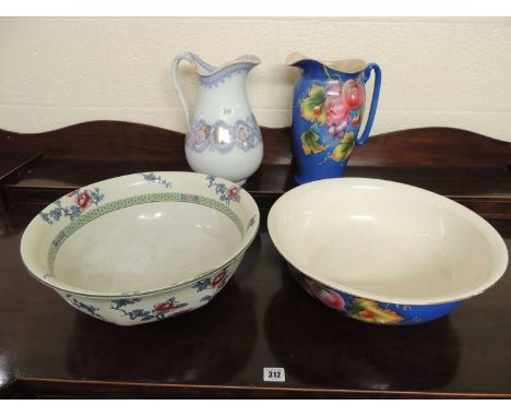 STAFFORDSHIRE BLUE GROUND POTTERY JUG & BOWL, along with a Victorian print ware water jug, and later wash basin (4)Provenance
