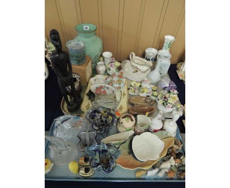 LARGE GROUP OF CERAMIC & GLASS ORNAMENTS, including Royal Crystal Rock dolphins, Wade, etc. (2 trays)Provenance: private coll