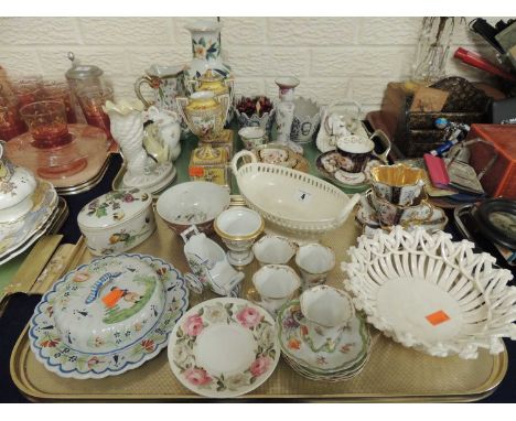 TWO TRAYS ASSORTED CERAMICS including pair of Dresden vases, Masons ironstone jug etc.