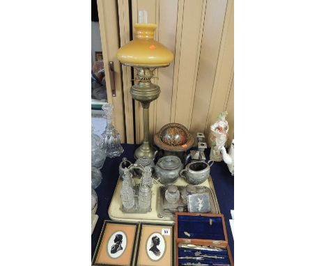 ASSORTED PLATED WARES AND OTHER ITEMS, including pair of silhouettes, reproduction globe, various metalware, etc.Provenance: 