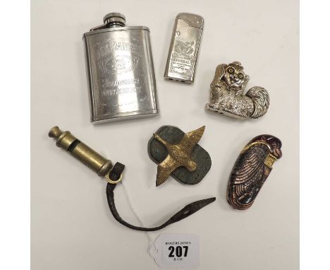 ASSORTED COLLECTABLES, comprising J. Hudson, Birmingham whistle, dated 1915, three novelty lighters, Jack Daniel's hip flask,