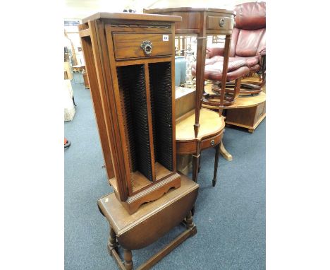 FURNITURE PARCEL, comprising two mahogany leather topped hall tables, CD tower, and small oak drop-leaf occasional table (4)