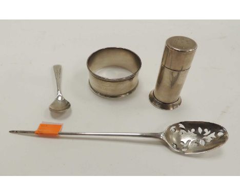 GEORGIAN SILVER MOTE SPOON, maker I.T., Tiffany & Co. sterling silver pepper pot, 5cms (h), silver napkin ring, and silver mu