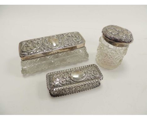 LATE VICTORIAN SILVER REPOUSSÉ PIN BOX, Birmingham 1897, 8cms, and two silver-mounted cut-glass jars, weighable silver 85g