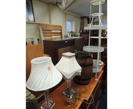 COOPERED BARREL STICK STAND, two decorative glass table lamps, painted cast metal saucepan tower, and white painted metal and