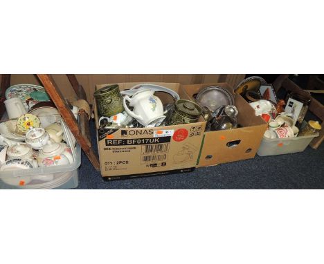 KITCHEN CHINA, METALWARE &amp; HOUSEHOLD ITEMS, four boxes