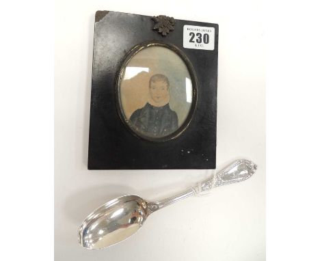 VICTORIAN SCHOOL watercolour on paper - portrait miniature of a boy in a ruff collar, 8.5 x 6cms, and a Victorian silver dess