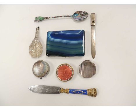 ASSORTED COLLECTABLES, including blue lace agate box, enamelled brass pill box, two white metal pill boxes, Dupont sterling s