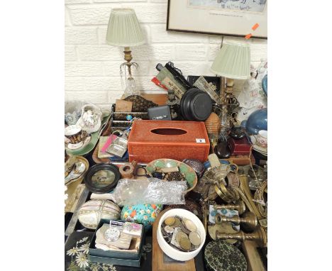 TWO TRAYS OF ORNAMENTS &amp; CURIOS, including boxes and containers, brass lighting, ornamental fans, etc.