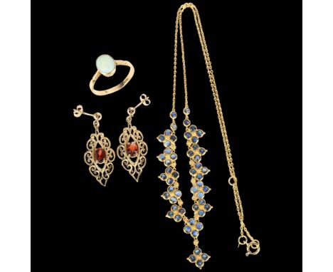 Various gold jewellery, including opal ring, size M, 9ct sapphire fringe necklace, 40cm, and a pair of garnet drop earrings, 