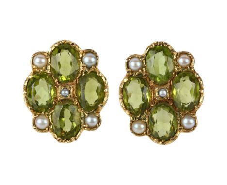 A pair of peridot and pearl earrings, late 20th century, set with oval mixed-cut peridots and split pearls with stud fittings