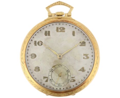 An Art Deco 18ct gold open-face keyless pocket watch, circa 1920s, silvered tumbling cube dial with applied gilt Breguet Arab