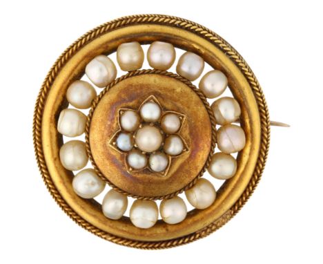 A Victorian whole pearl flowerhead cluster mourning brooch, circa 1880, circular form with central flowerhead motif and rope 