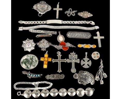 Various silver jewellery, including moss agate brooch, Russian buckle, cross pendant etcLot sold as seen unless specific item