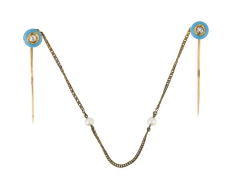 A pair of French 19th century diamond, blue enamel and pearl scarf pins, each set with old-cut diamond and pearl spacer chain