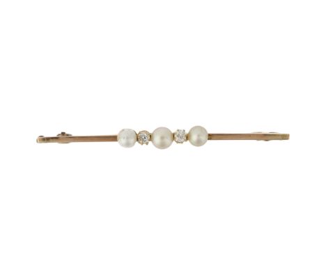 A French five stone whole pearl and diamond bar brooch, circa 1905, claw set with old-cut diamonds, apparently unmarked, 51mm