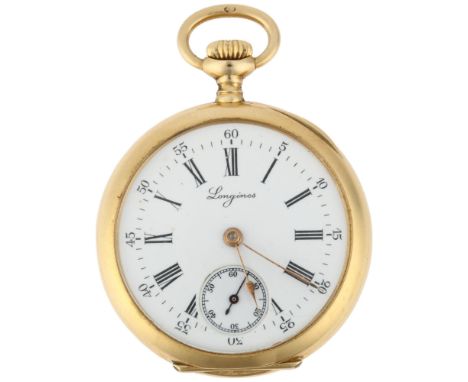 LONGINES - a French 18ct gold open-face keyless fob watch, white enamel dial with Roman numeral hour markers, spade hands, su