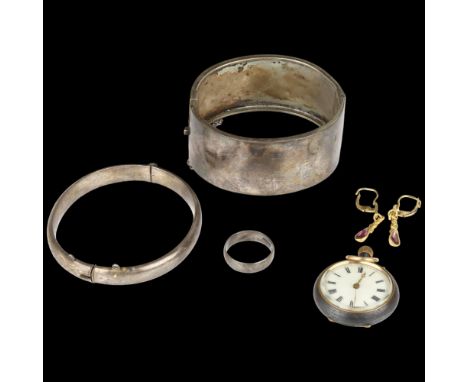 Various jewellery, including gun metal fob watch, thin silver hinged bangle, thick unmarked white metal hinged bangle etcLot 