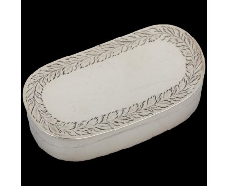 A George III silver snuffbox, Samuel Pemberton, Birmingham 1800, oval curved form with bright-cut engraved leaf border and gi