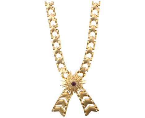A late 20th century 9ct gold ruby collar necklace, maker NK, London 1975, 40.5cm, 22.9gNo damage or repair, clasp working, ha