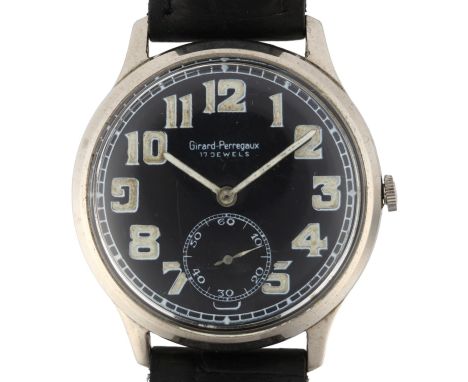 GIRARD-PERREGAUX - a stainless steel pilot's mechanical wristwatch, circa 1940s, black dial with luminous Arabic numerals, lu