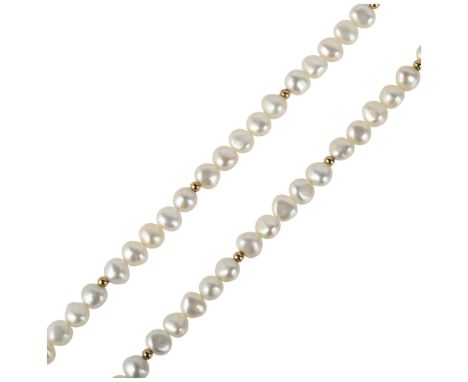 A single-strand cultured pearl bead necklace, with 14ct textured barrel clasp and spacers, 50cm, 19.1gNo damage or repair, al