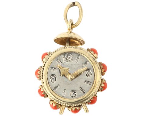 A 9ct gold novelty coral alarm clock charm, charm height excluding bale 26.9mm, 4.6gNo damage or repair, all stones present, 
