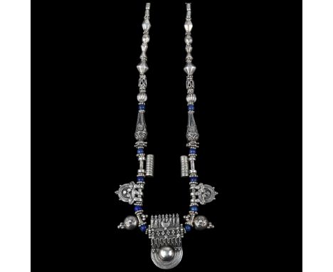 An Indonesian silver and lapis lazuli Indian talisman fringe necklace, 42cm, 43gNo damage or repair, only light surface wear 