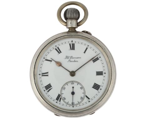 J W BENSON - an early 20th century silver open-face keyless pocket watch, white enamel dial with Roman numeral hour markers, 