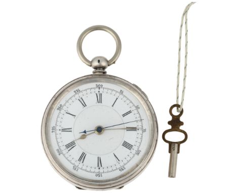 A Swiss silver open-face key-wind doctor's type chronograph pocket watch, white enamel dial with Roman numeral hour markers, 