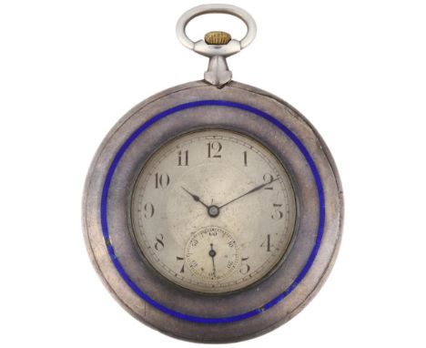 An Art Deco silver and blue enamel open-face keyless slimline pocket watch, engine turned silvered dial with Arabic numerals,
