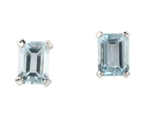 A pair of aquamarine earrings, each claw set with 1ct octagonal step-cut aquamarine, unmarked white metal stud fittings, 7.8m