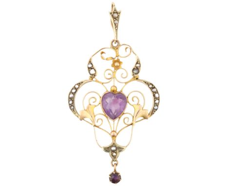An Edwardian 9ct rose gold amethyst and pearl heart openwork pendant, 52.9mm, 2.3gAll stones present, general wear to high po