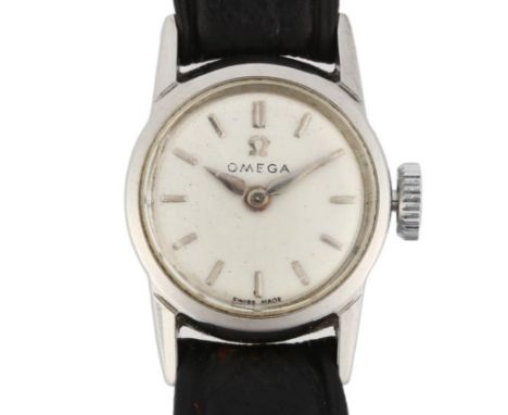OMEGA - a lady's stainless steel mechanical wristwatch, ref. 2778-8, silvered dial with baton hour markers and lance hands, 1