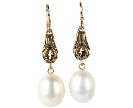 A pair of pearl drop earrings, unmarked gold shepherd hook fittings, 41mm, 6.9gNo damage or repair 