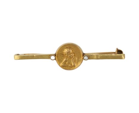 A Continental split pearl cherub bar brooch, apparently unmarked, 40.7mm, 1.4gA few very minor dents, brooch fitting working,