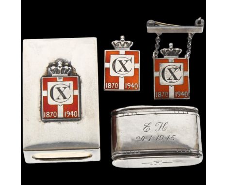 GEORG JENSEN - a sterling silver sodetablet holder, a Jensen & Wendel matchbox holder, and 2 badges (4)Lot sold as seen unles