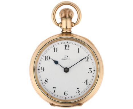 OMEGA - a gold plated open-face keyless fob watch, white enamel dial with Arabic numerals, blued steel spade hands and dust c