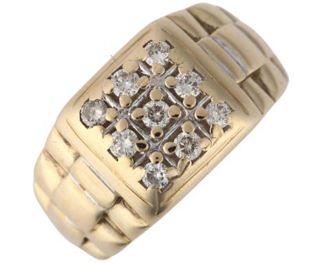 A large 9ct gold diamond signet ring, claw set with modern round brilliant-cut diamonds with Rolex style shoulders, setting h