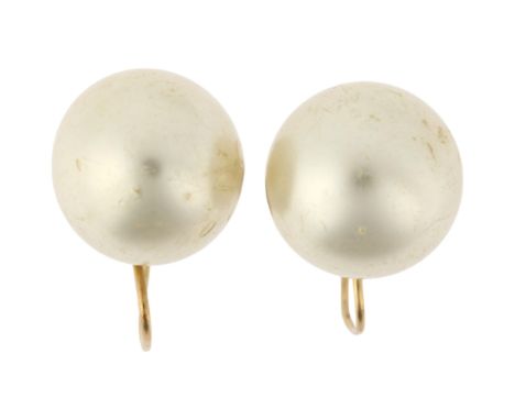 A pair of 9ct gold whole cultured pearl earrings, with screw-back fittings, 12mm pearls, 7.1gSome glue evident around base of