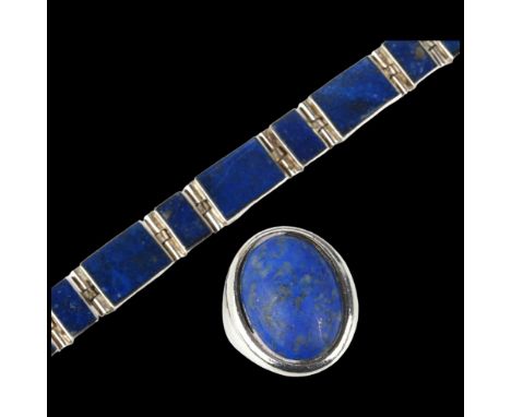 HORSENS SOLVVARE FABRIK - a Danish sterling silver lapis lazuli signet ring, size K, and a similar unmarked bracelet, 18.5cm,
