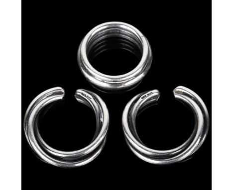 A Danish sterling silver similar ring and pair of cuff earrings, makers include Richard Aaboe, size R, earrings 29.5mm, 34.1g