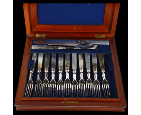 A cased set of 19th century lace agate handled silver plated dessert cutlery, Thomas Harwood & Co, comprising serving knife a